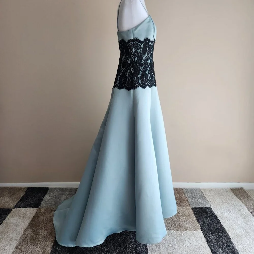 Jessica McClintock Mint Green Satin Formal Dress Black Lace Waist Size 10 - Picture 3 of 6